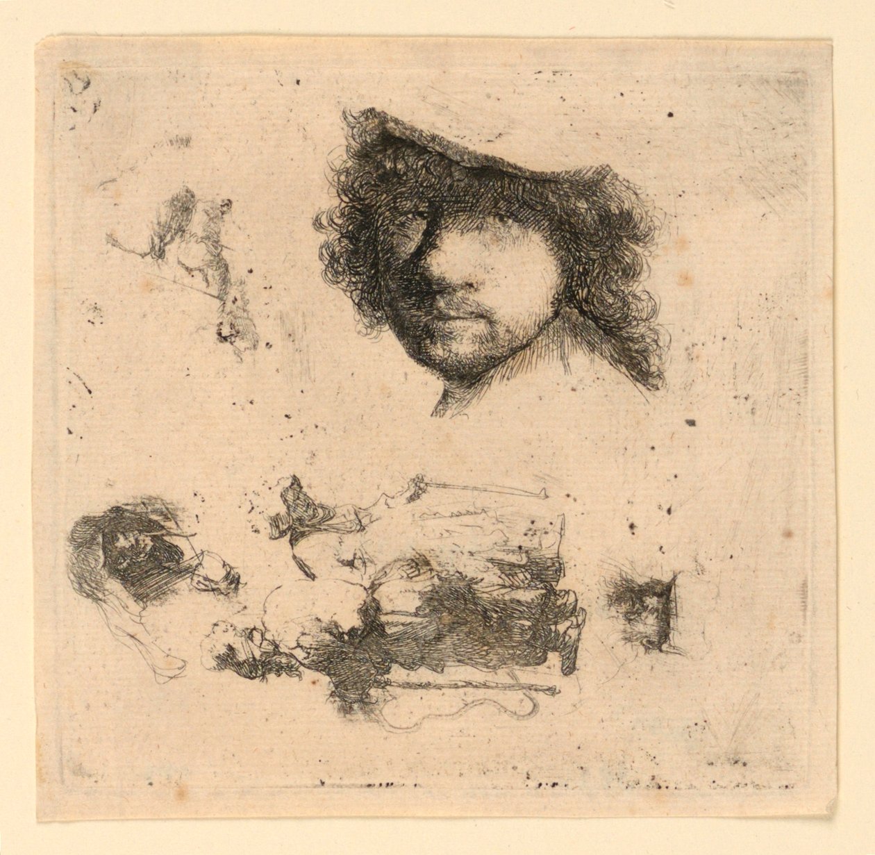 Studijní list: Autoportrét, Žebrácká dvojice, Hlavy starce a stařeny atd. od Rembrandt van Rijn