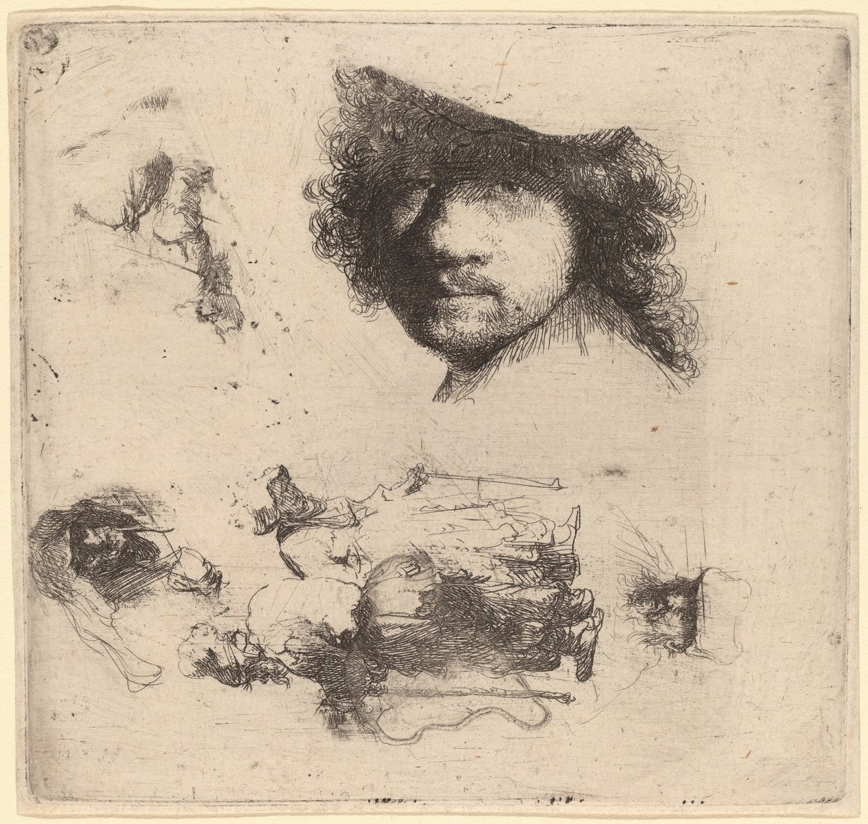 List studií včetně hlavy umělce, žebráckého páru, hlav starého muže a staré ženy od Rembrandt van Rijn