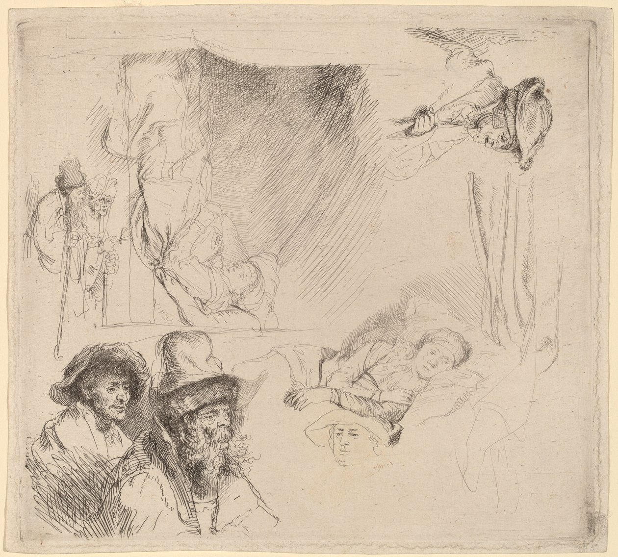 List studií včetně ženy ležící nemocné v posteli od Rembrandt van Rijn