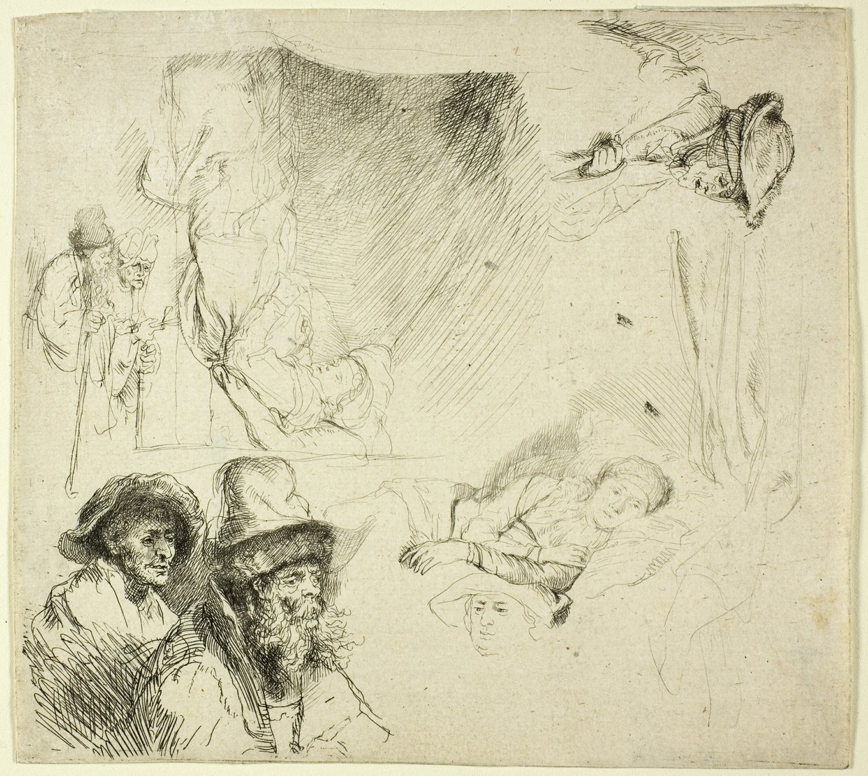 List studií s nemocnou ženou ležící v posteli od Rembrandt van Rijn