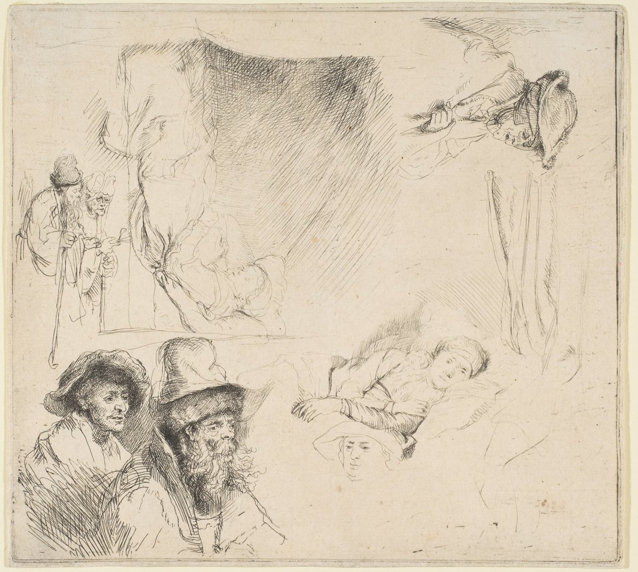 List studií s nemocnou ženou v posteli atd., ca. 164142. od Rembrandt van Rijn