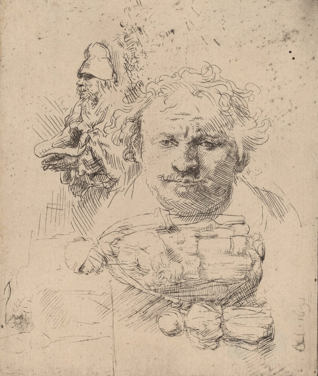 List studií s hlavou umělce, žebrákem a ženou a dítětem, 1651. od Rembrandt van Rijn