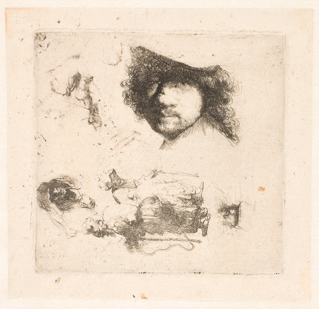 List studií: hlava Rembrandta, žebrácká dvojice, hlavy starce a stařeny atd. od Rembrandt van Rijn