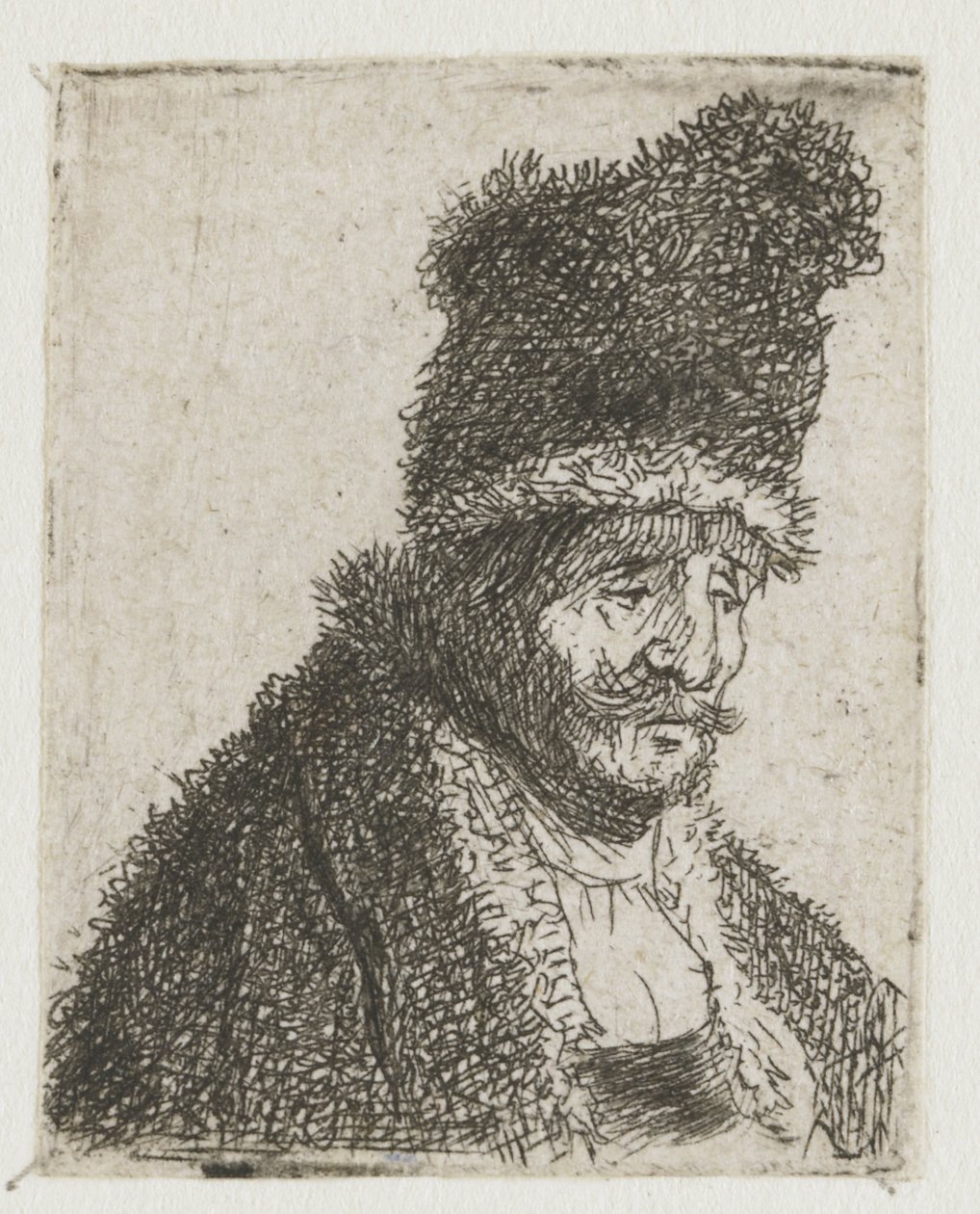 Série studií mužské hlavy: starý muž v kožichu a vysoké čepici od Rembrandt van Rijn