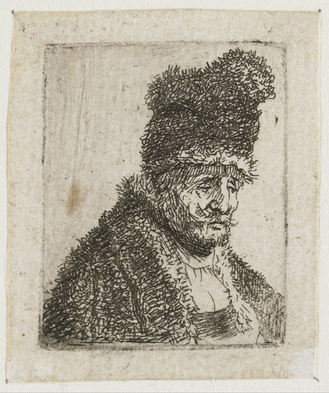 Série studií mužské hlavy: starý muž v kožichu a vysoké čepici od Rembrandt van Rijn