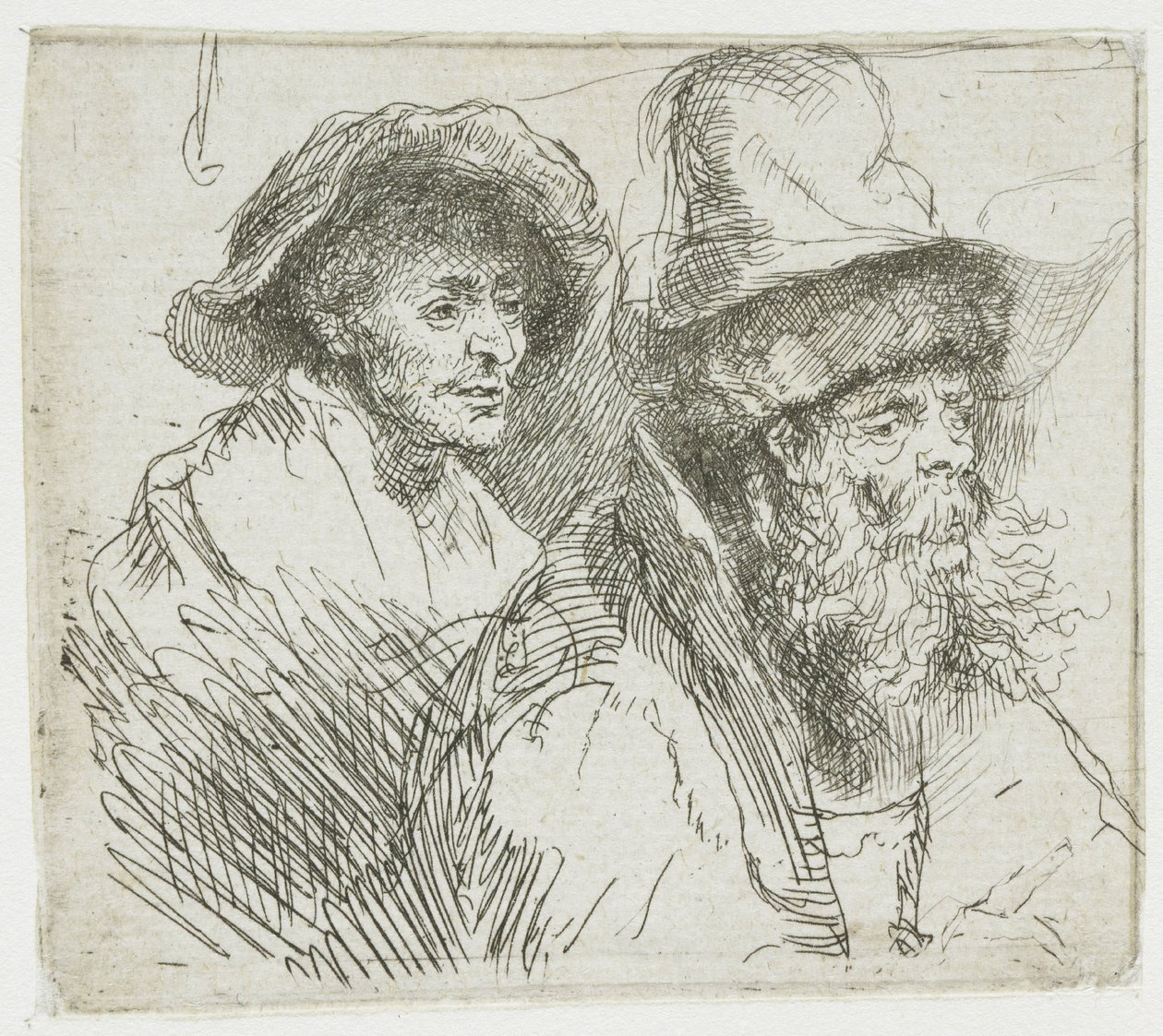 List s kresbami, na kterém leží nemocná žena v posteli: poprsí dvou mužských postav od Rembrandt van Rijn