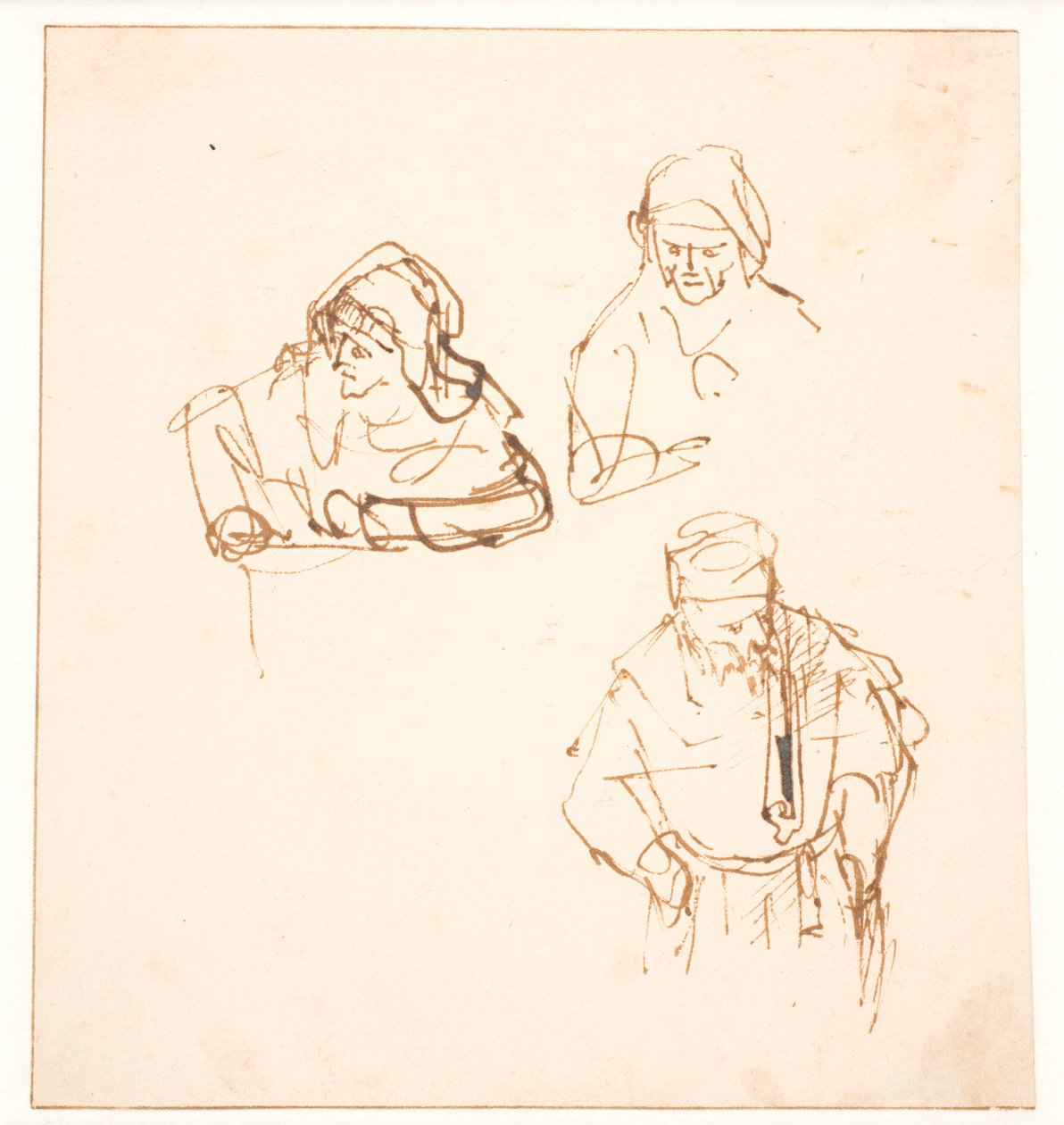 Náčrt se dvěma studiemi ženy a jednou studií muže od Rembrandt van Rijn