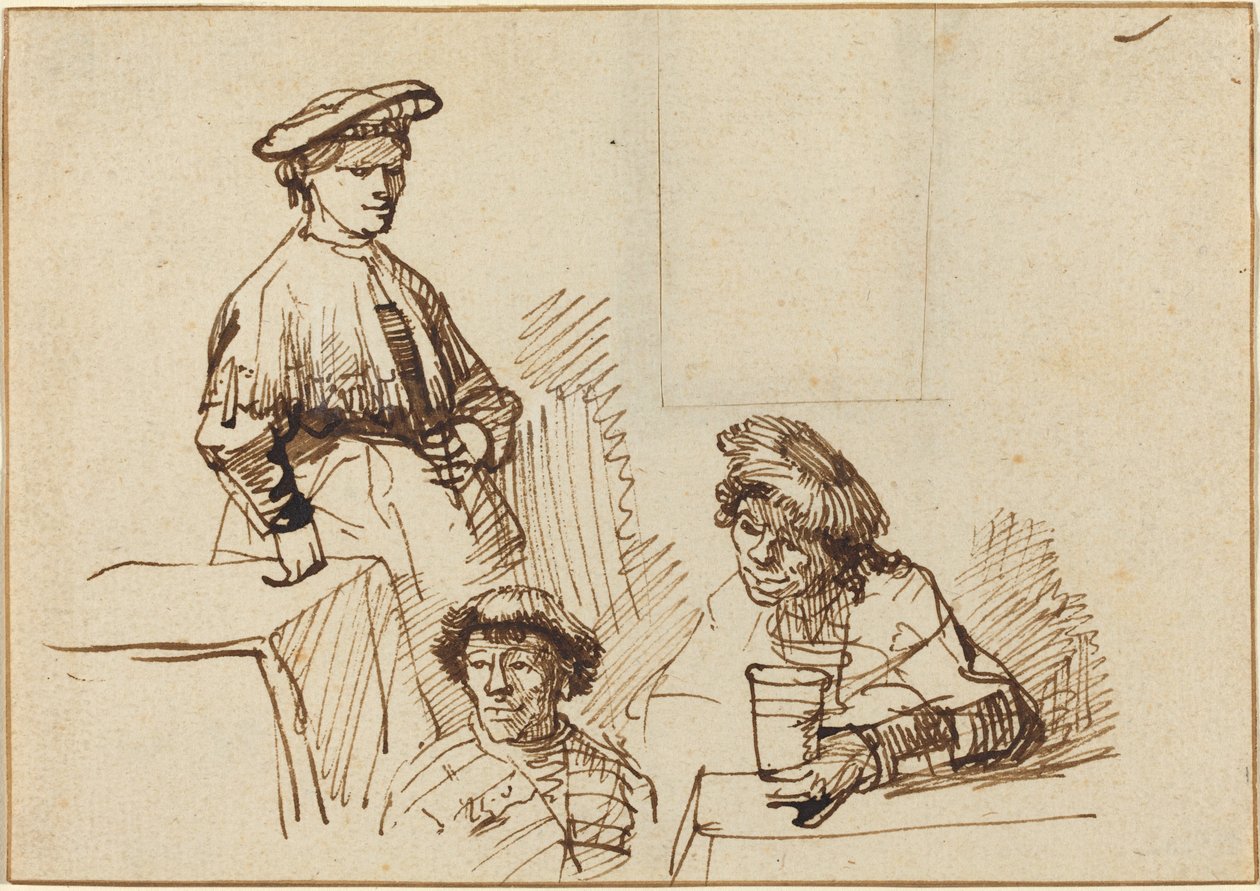 Náčrtky z hospody: Žena stojící a dva sedící muži od Rembrandt van Rijn