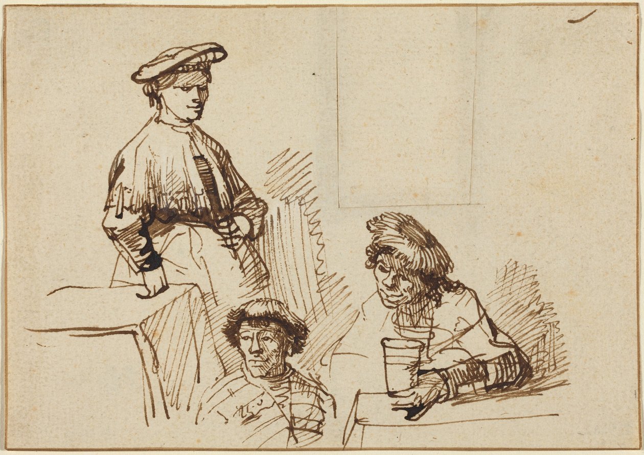 Náčrtky z hospody: Stojící žena a dva sedící muži od Rembrandt van Rijn