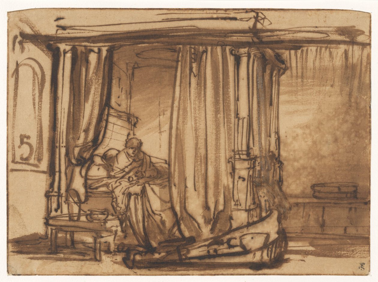 Ložnice, ve které sedí Saskia v posteli s nebesy od Rembrandt van Rijn