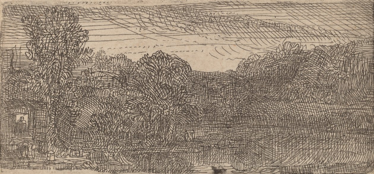 Malá šedá krajina: dům a stromy vedle bazénu, c. 1640. od Rembrandt van Rijn