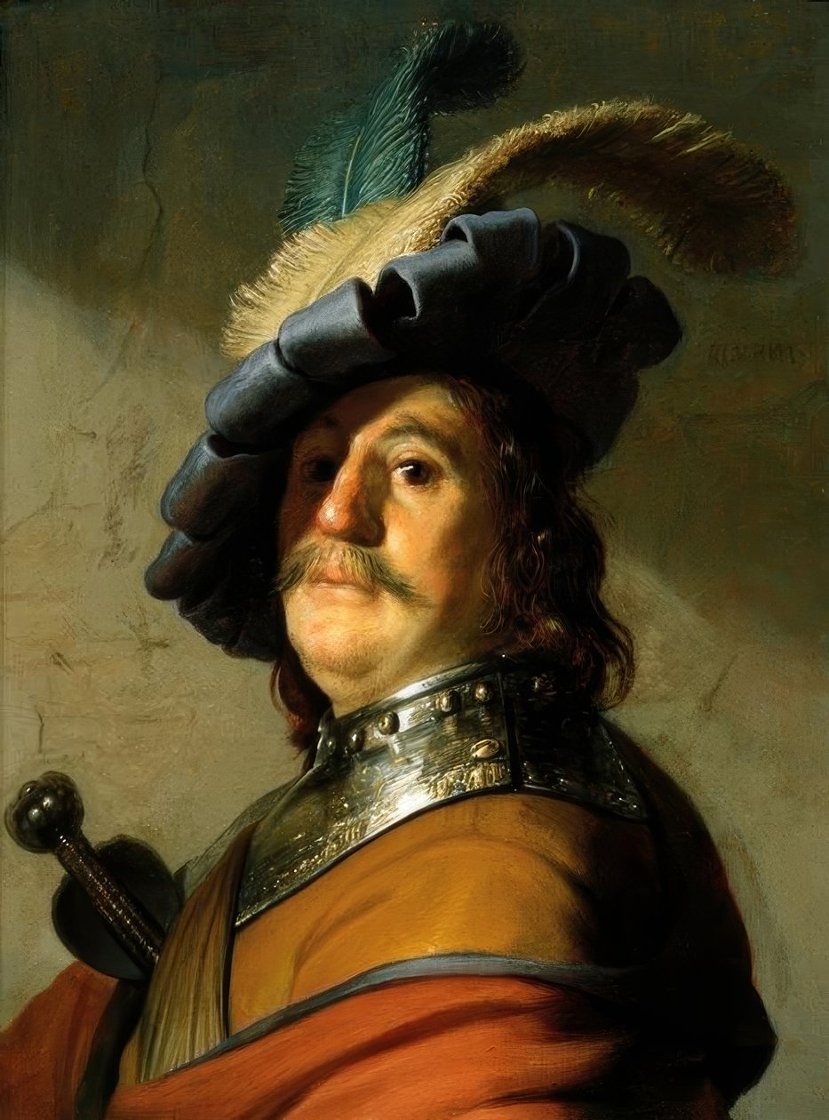 Voják s železným límcem a péřovým kloboukem od Rembrandt van Rijn