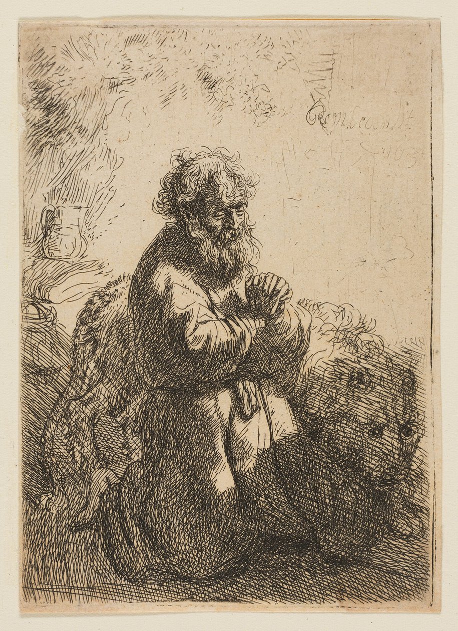 Svatý Jeroným klečí v modlitbě a dívá se dolů od Rembrandt van Rijn