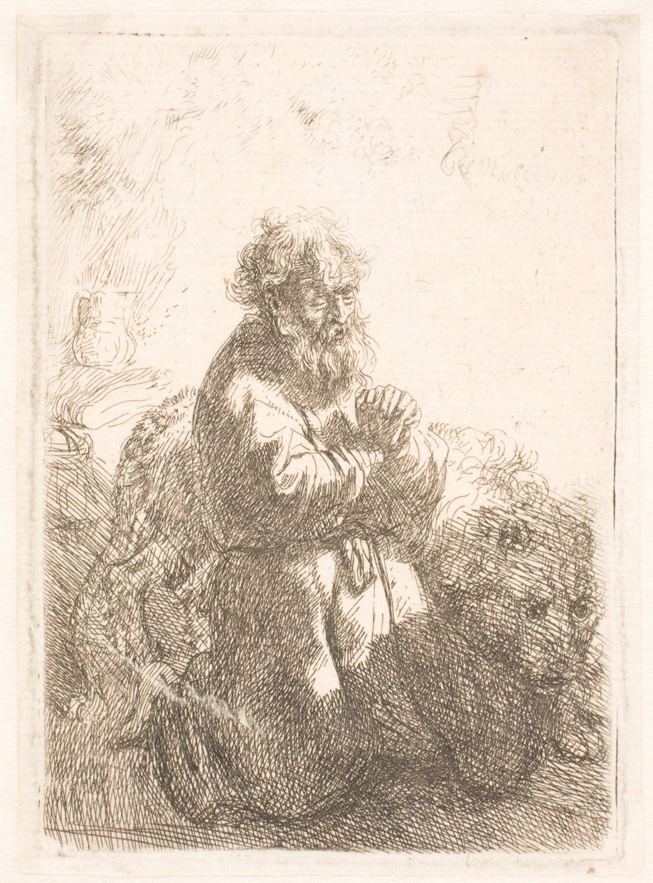 Svatý Jeroným klečí v modlitbě a dívá se dolů od Rembrandt van Rijn