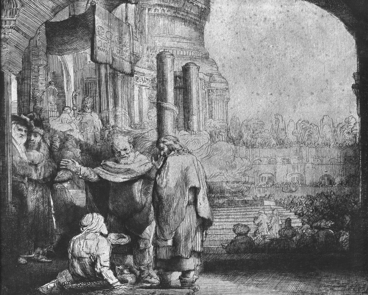 Svatý Petr a sv. Jan u vchodu do chrámu, 1649 (lept) (černobílá fotografie) od Rembrandt van Rijn