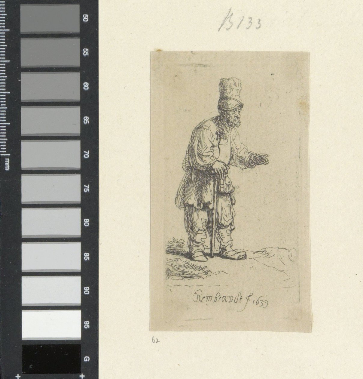 Stojící farmář s vysokou pokrývkou hlavy, opírající se o hůl Recueil de quatre-vingt-cinq estampes originales (název série) od Rembrandt van Rijn