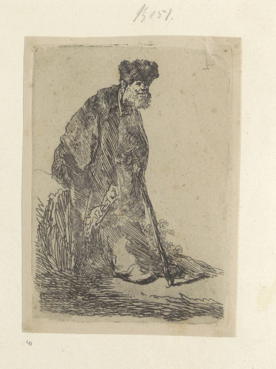 Muž Staande dává een lange římsu do bontmutů Kolekce osmdesáti pěti původních tisků (název série) od Rembrandt van Rijn