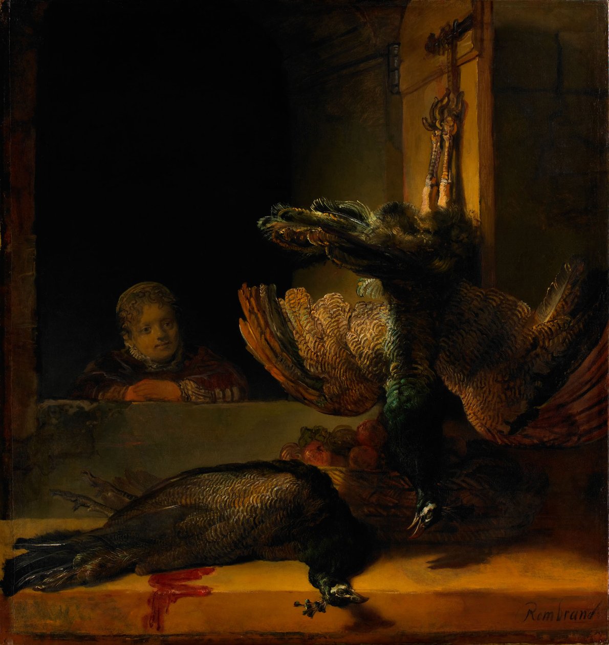Zátiší se dvěma pávy a dívkou, asi 1639 od Rembrandt van Rijn