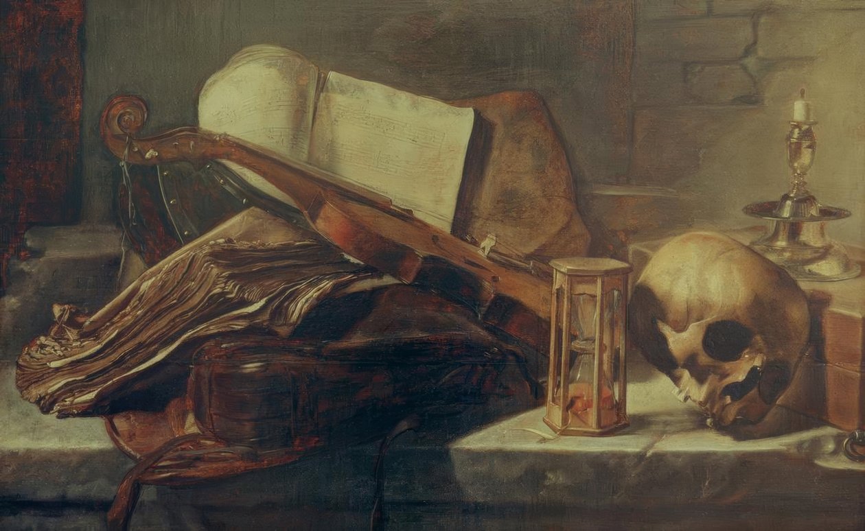 Zátiší s knihami, houslemi, lebkou a přesýpacími hodinami od Rembrandt van Rijn