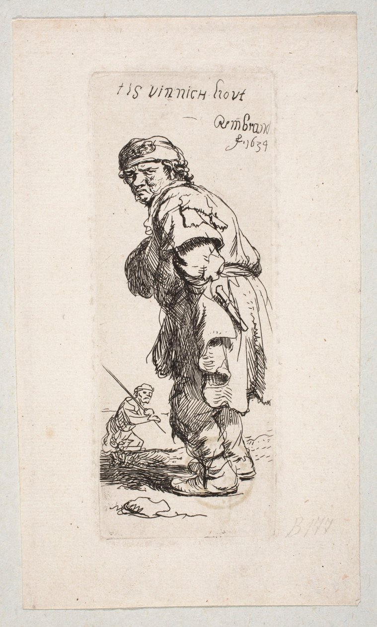 Stojící venkovan otočený doleva a postava s holí v pozadí „Tis vinnich Kout“ od Rembrandt van Rijn