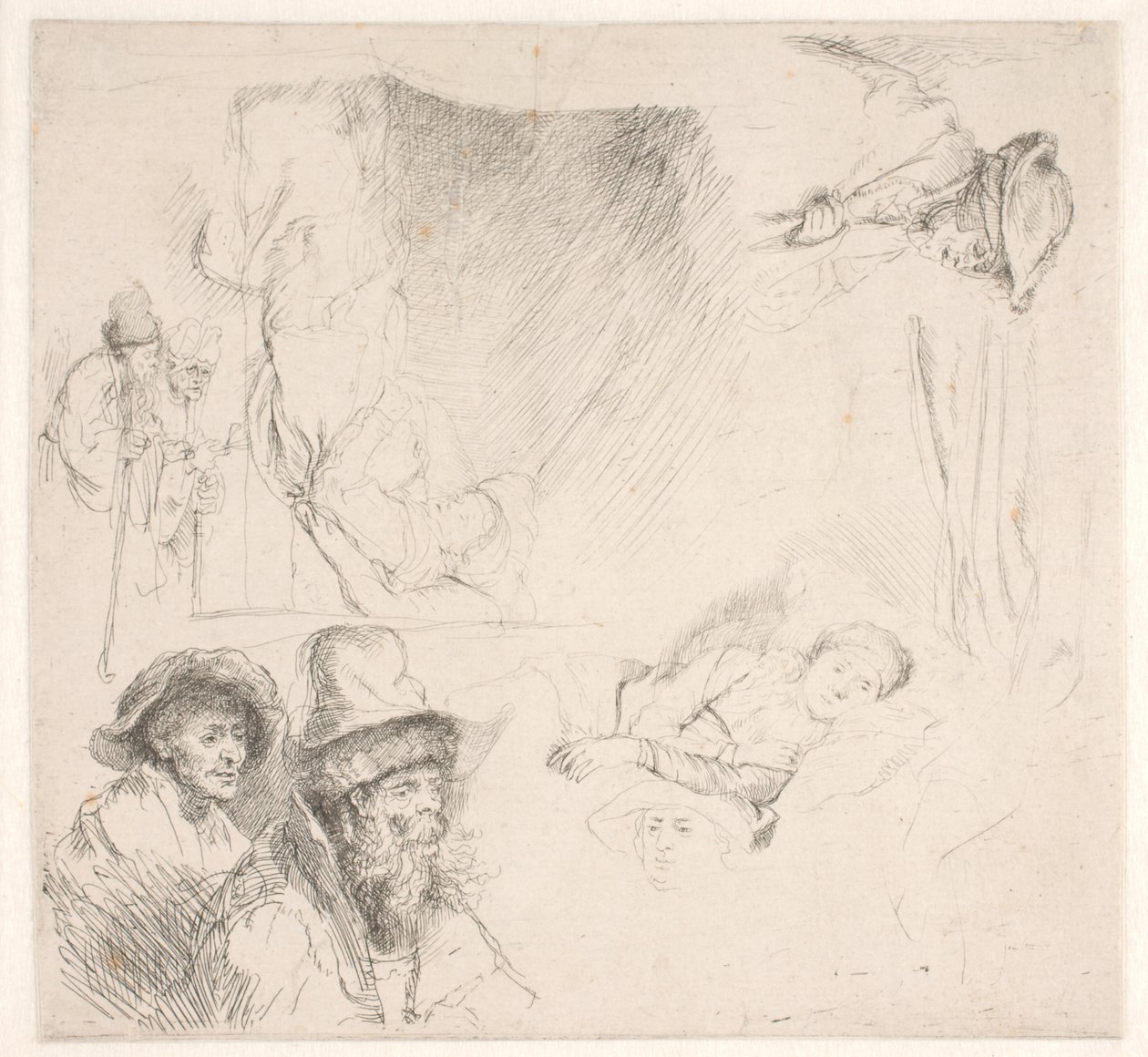 Studieblad, včetně ženy upoutané na lůžko od Rembrandt van Rijn