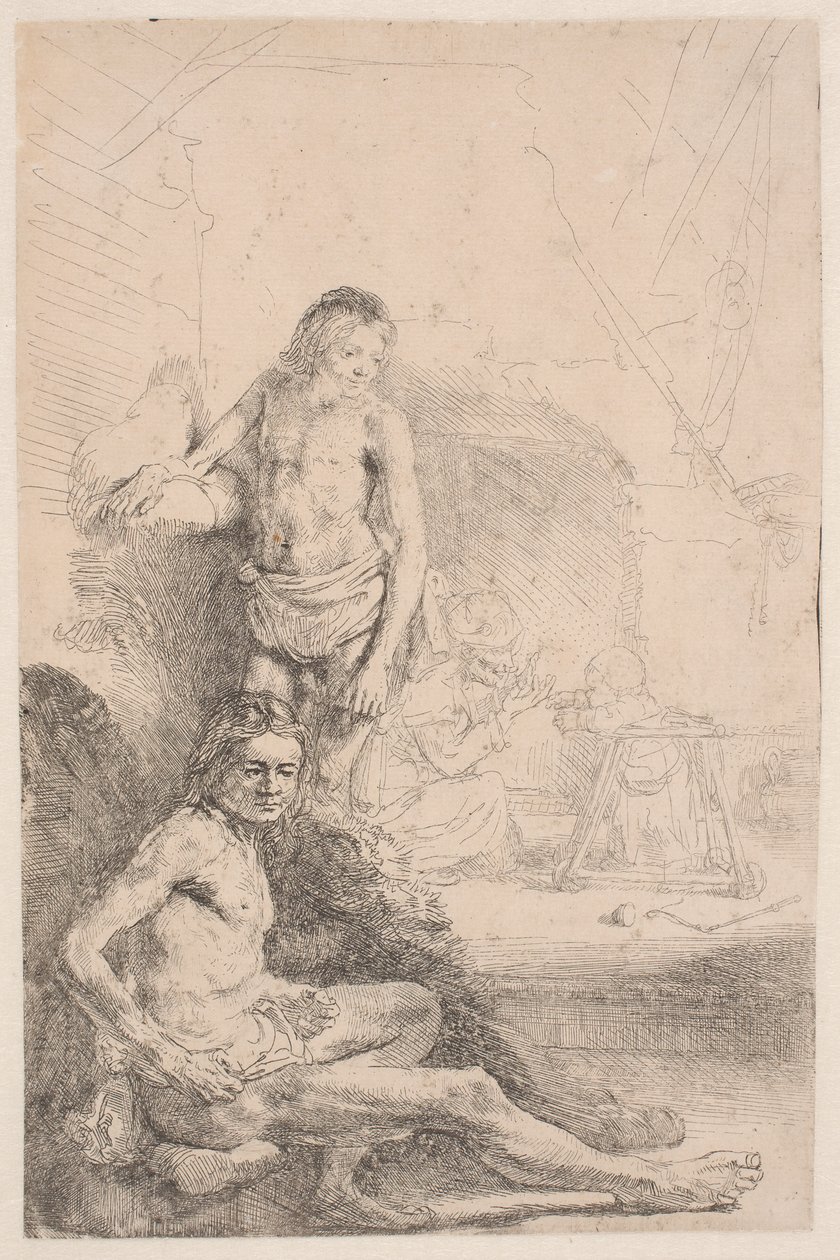 Studie aktů: jeden muž sedící a druhý stojící; v pozadí je lehce naznačena žena s dítětem od Rembrandt van Rijn
