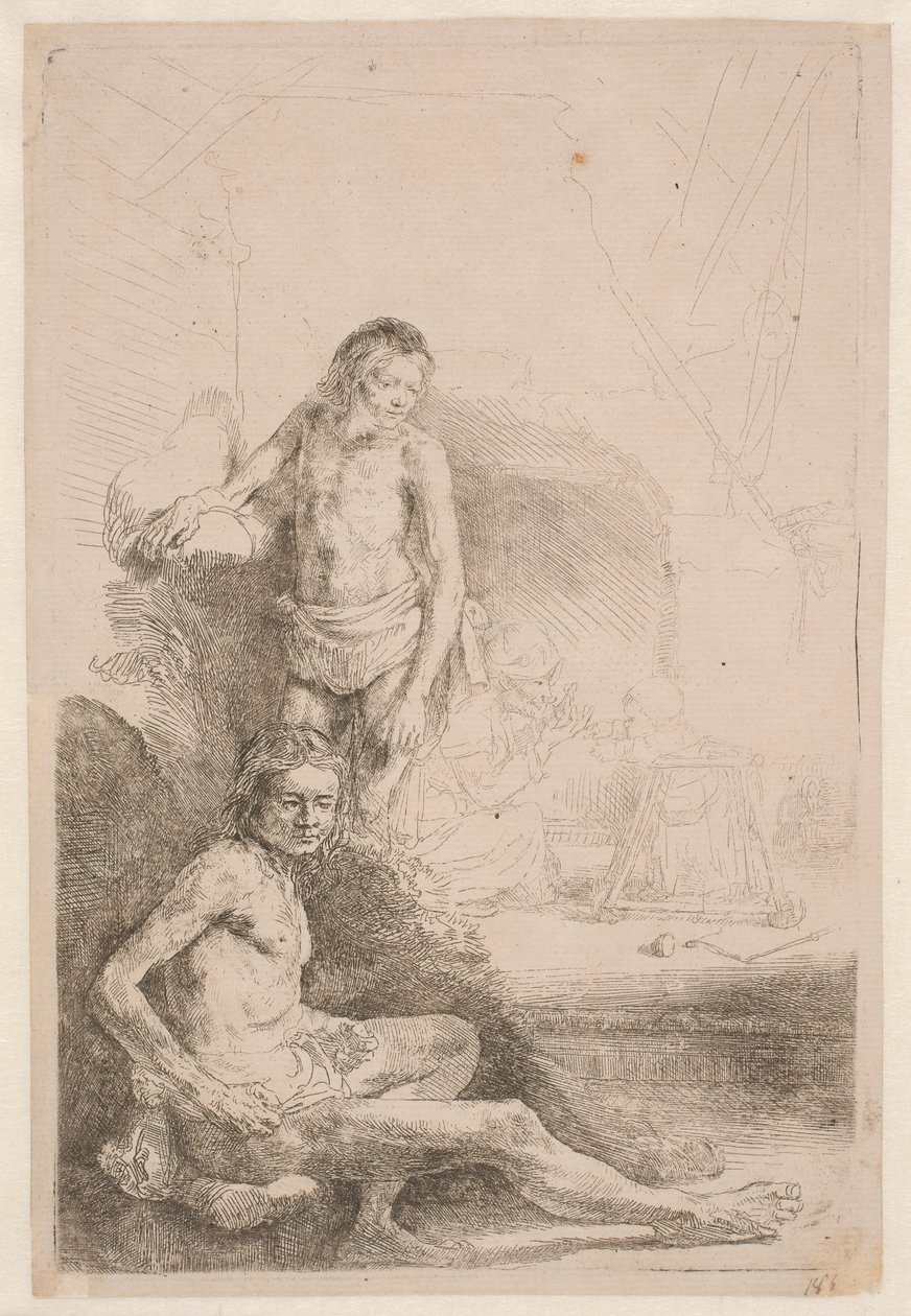 Studie aktů: jeden muž sedící a druhý stojící; v pozadí je lehce naznačena žena s dítětem od Rembrandt van Rijn