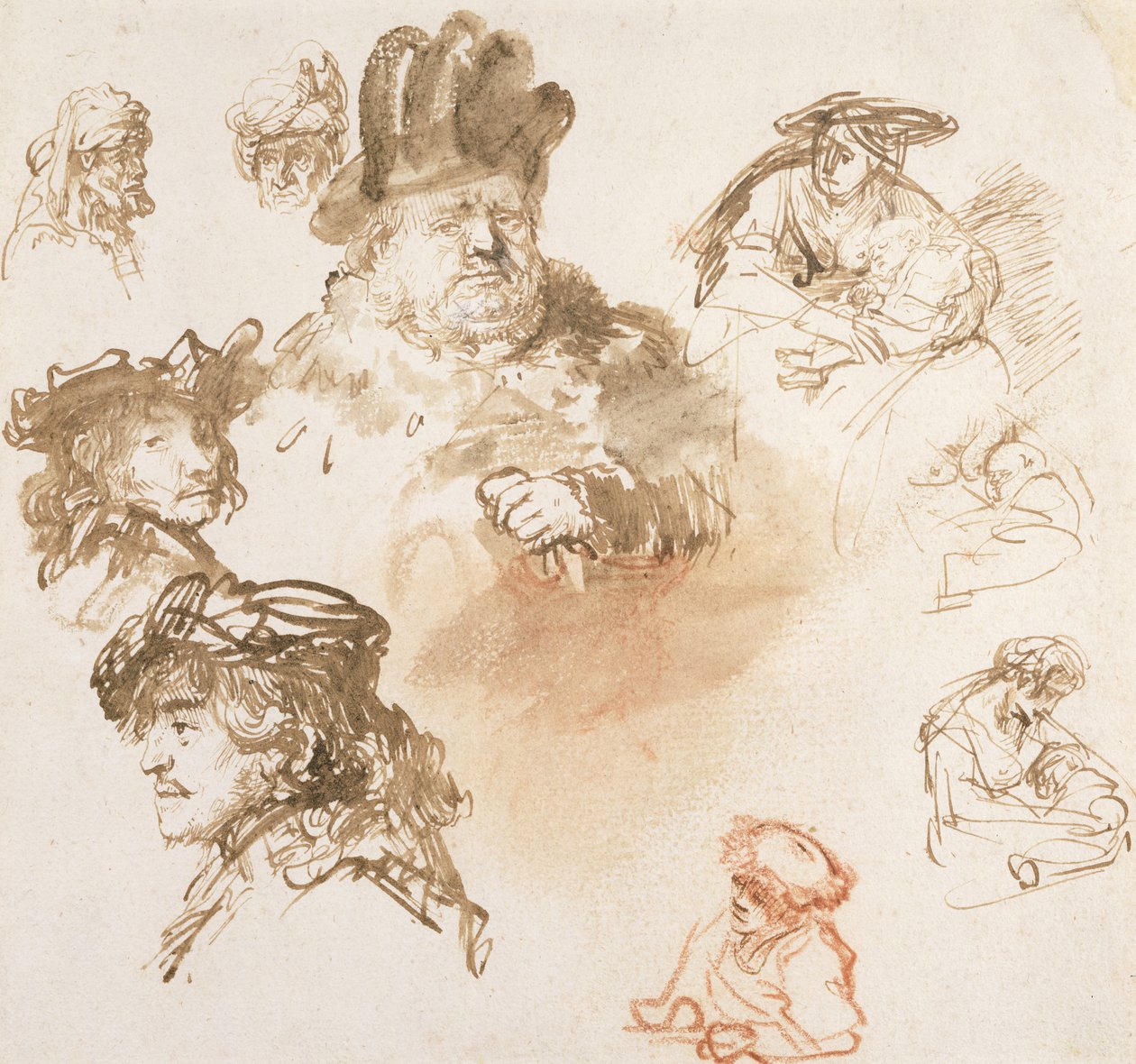Studie hlav starých mužů a tří žen s dětmi, c.1635-36 (inkoust a mytí na papíře) od Rembrandt van Rijn