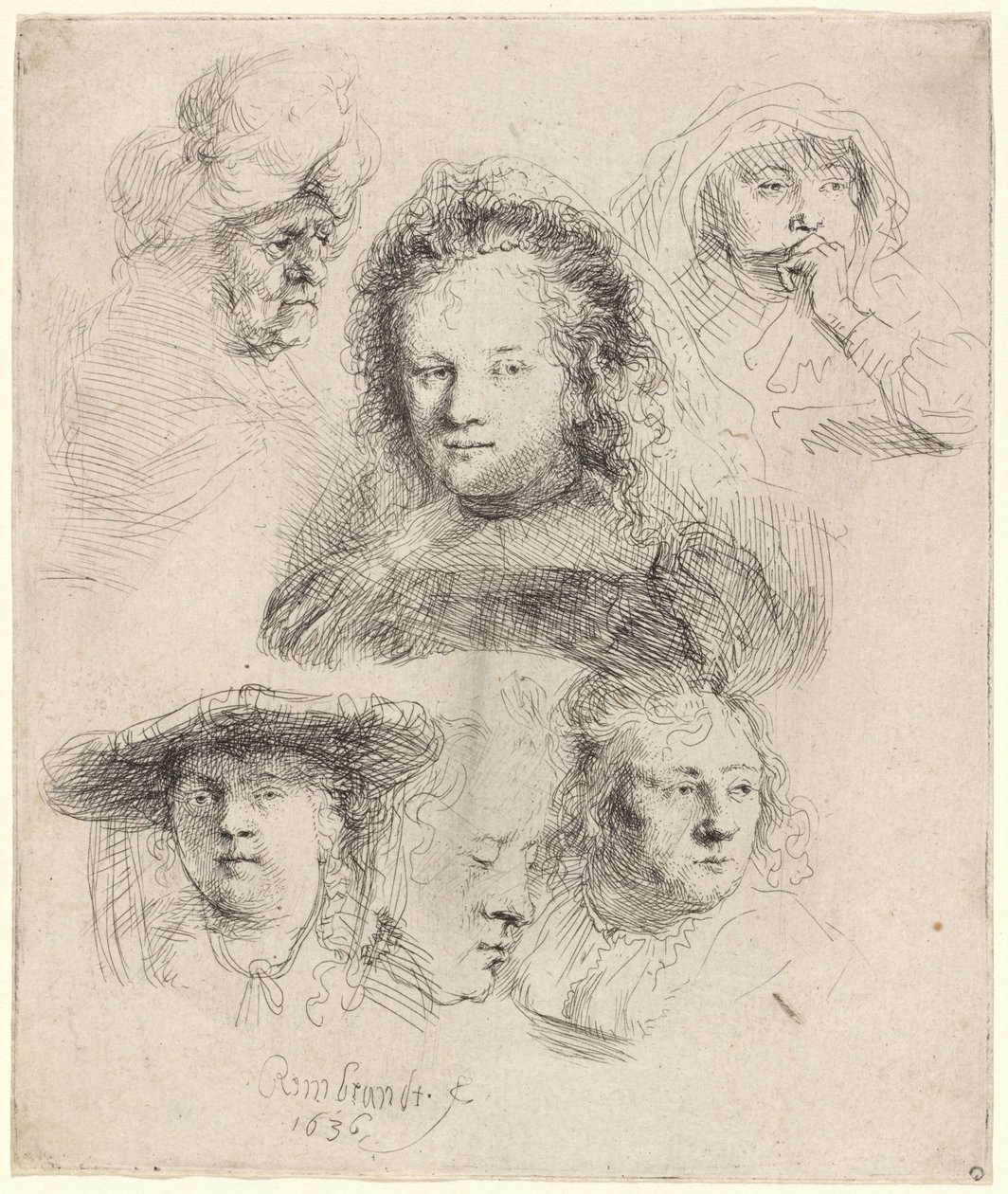 Studie hlavy Saskie a dalších od Rembrandt van Rijn