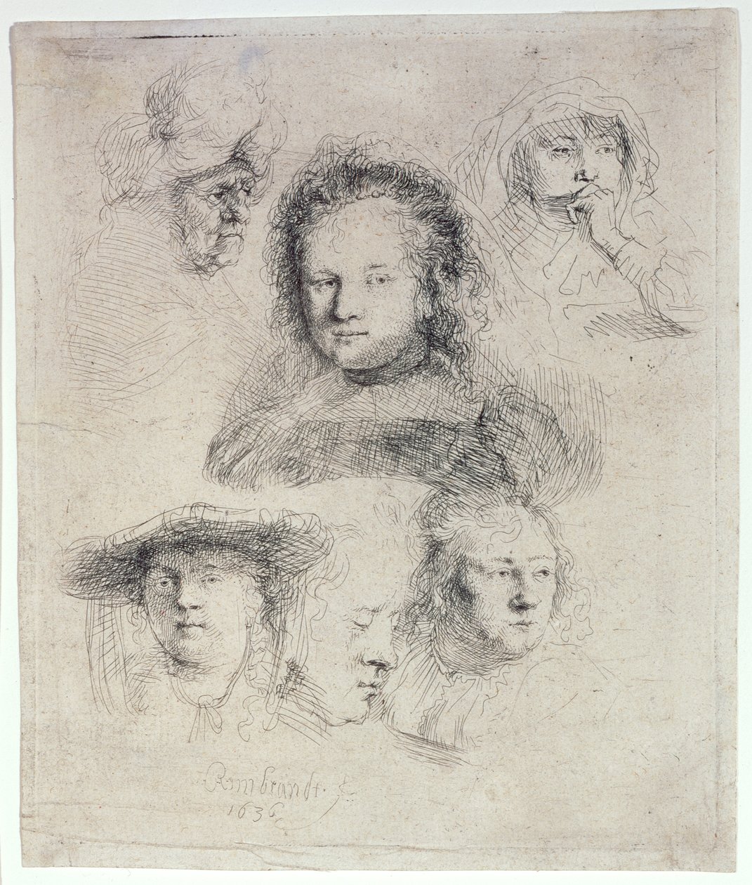 Studie hlavy Saskie a dalších od Rembrandt van Rijn