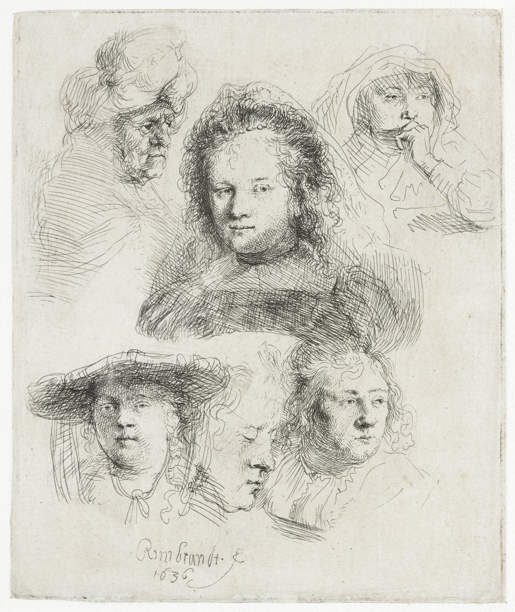 Studie hlavy Saskie a dalších od Rembrandt van Rijn