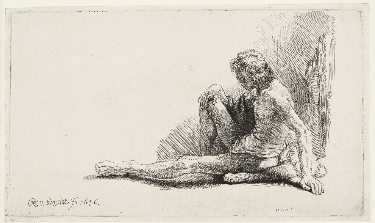 Studie podle aktu (Muž sedící na zemi) (Bartsch 196, druhý ze dvou tisků; H. 221; Muntz 137 II) od Rembrandt van Rijn