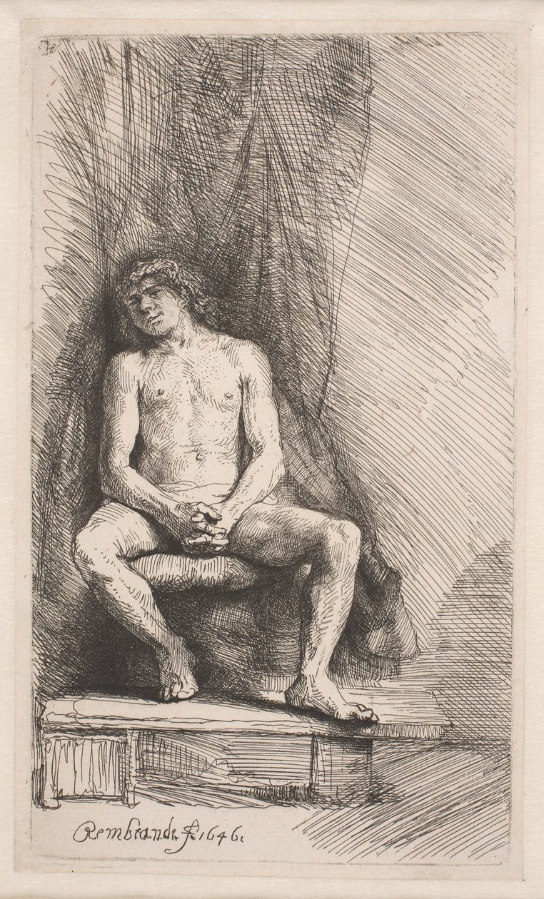 Studie podle aktu: sedící muž před závěsem od Rembrandt van Rijn