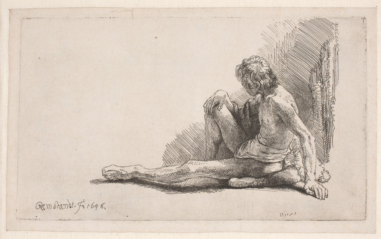 Studie podle aktu: muž sedící na zemi s jednou nohou nataženou od Rembrandt van Rijn