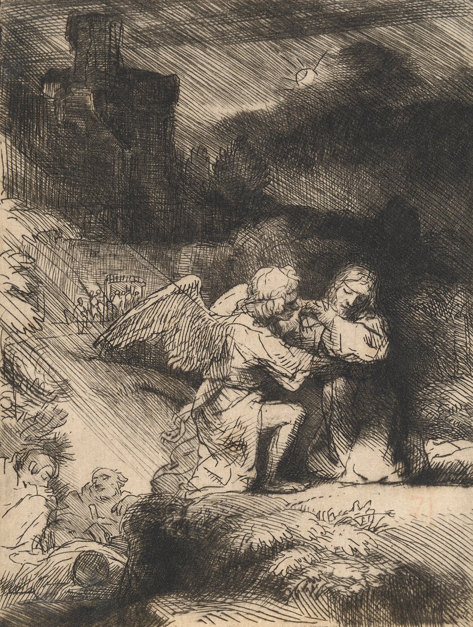 Agónie v zahradě, kolem 1657 (lept a suchá jehla) od Rembrandt van Rijn