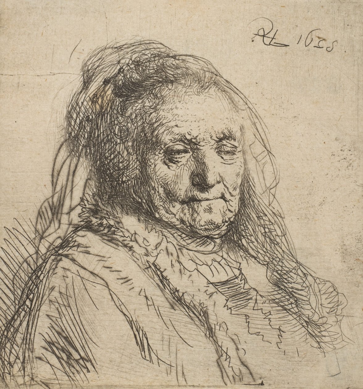 Umělcova matka: Hlava a poprsí, tři čtvrtiny vpravo, 1628., 1628. od Rembrandt van Rijn