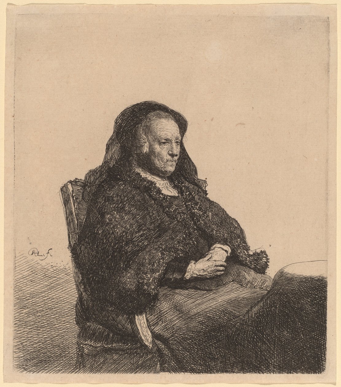 Umělcova matka sedí u stolu a dívá se správně od Rembrandt van Rijn