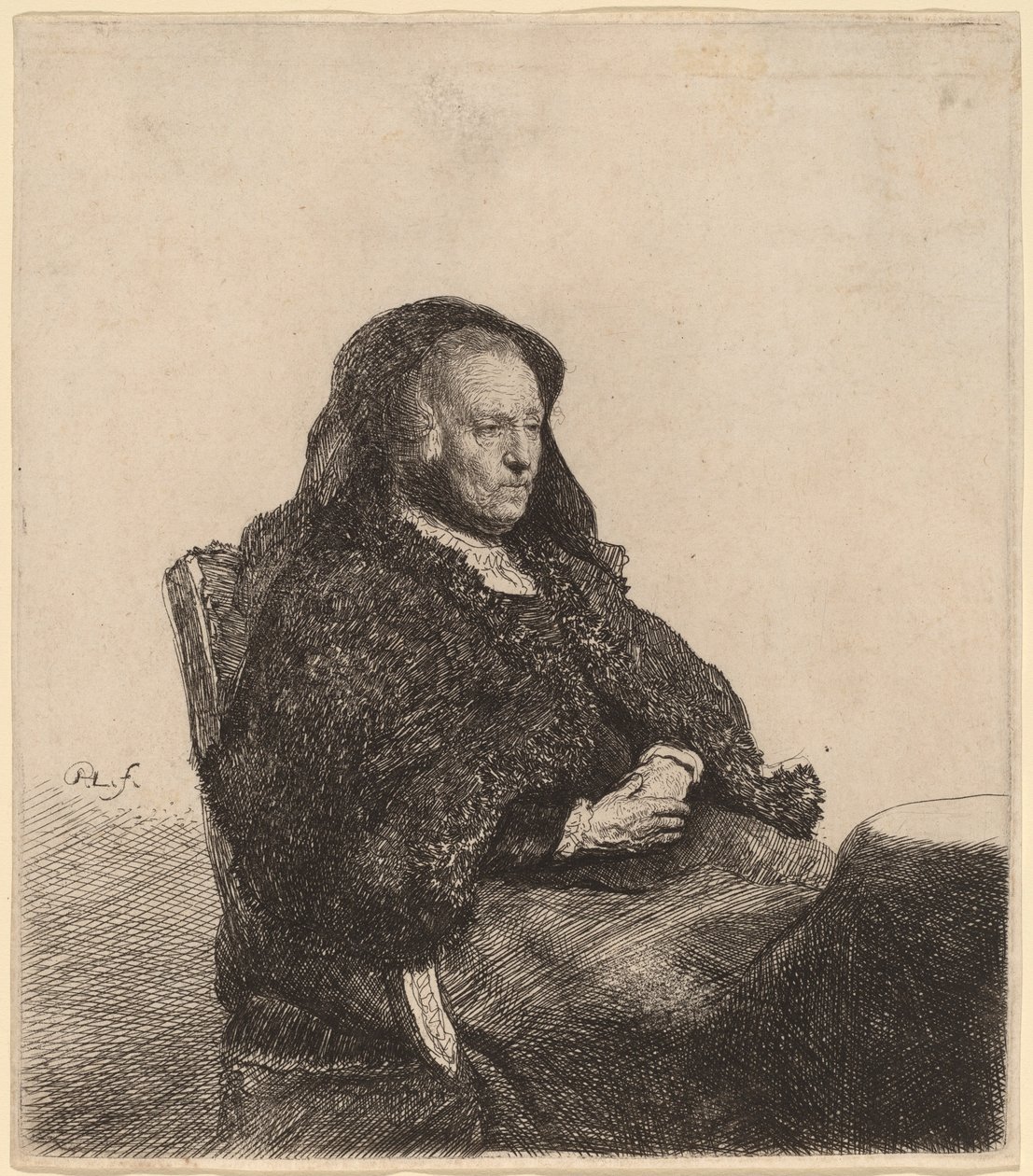 Umělcova matka sedí u stolu a dívá se správně od Rembrandt van Rijn