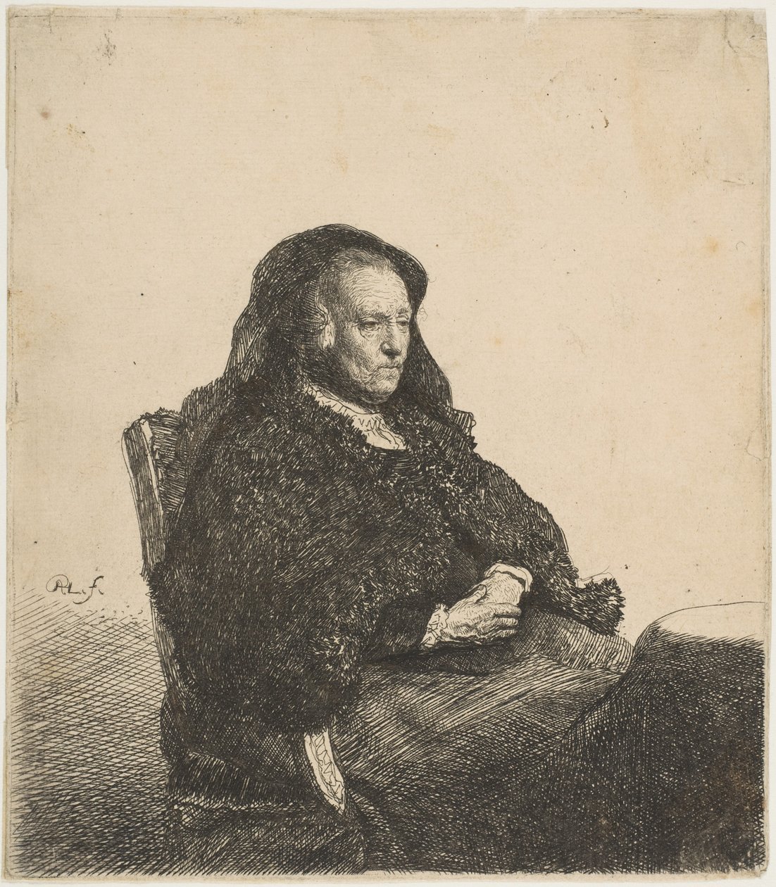 Matka umělkyně sedí u stolu a dívá se správně: Délka tří čtvrtin, ca. 1631. od Rembrandt van Rijn
