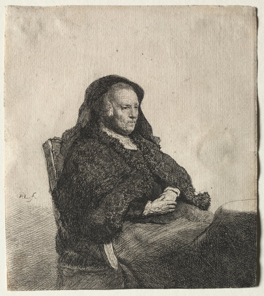 Umělcova matka sedí u stolu, dívá se doprava: tři čtvrtiny délky od Rembrandt van Rijn