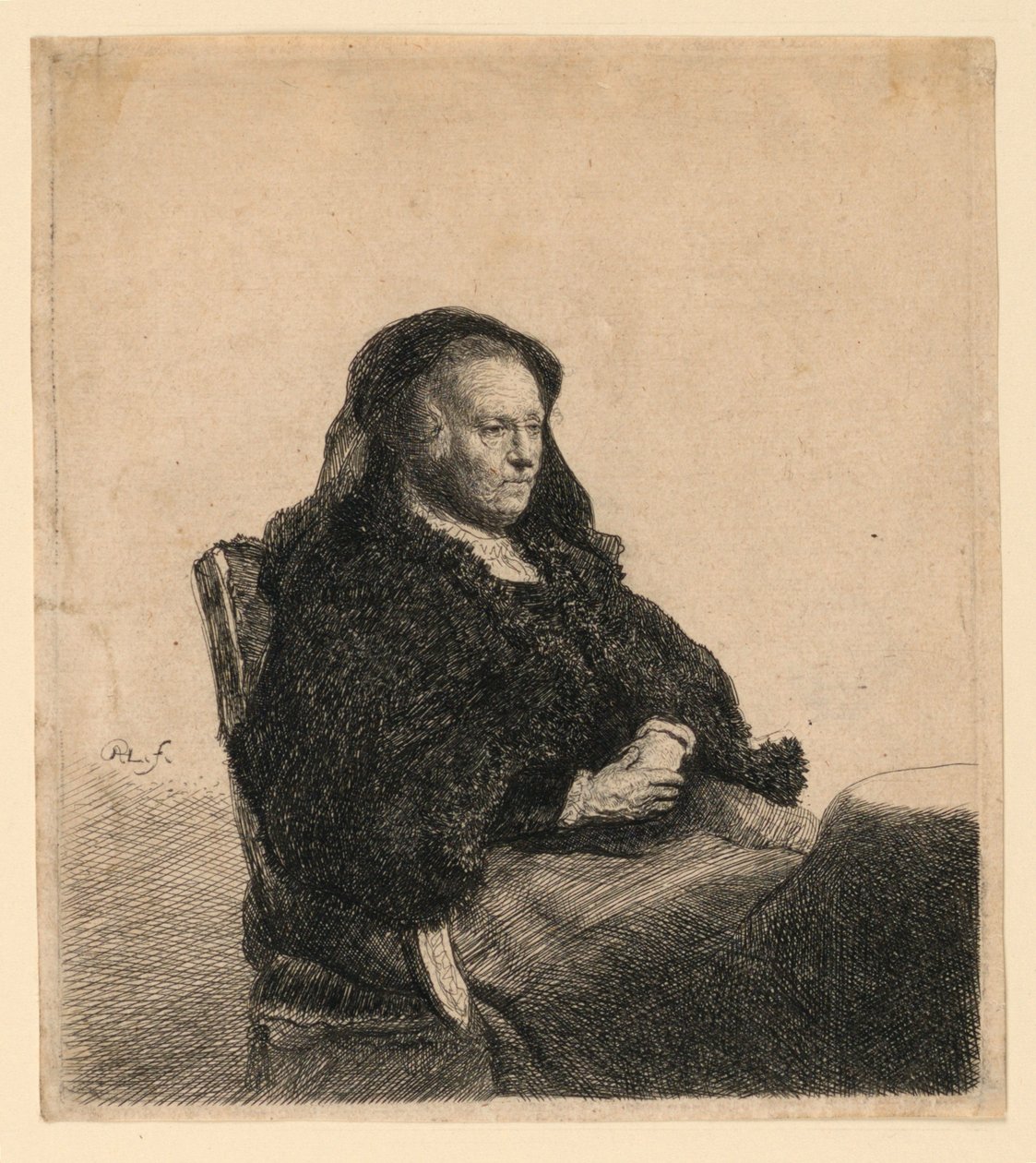 Umělcova matka sedí u stolu, dívá se doprava: tři čtvrtiny délky od Rembrandt van Rijn