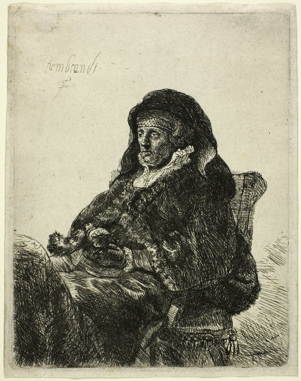 Umělcova matka sedí u stolu a dívá se doprava: Tři čtvrtiny délky od Rembrandt van Rijn