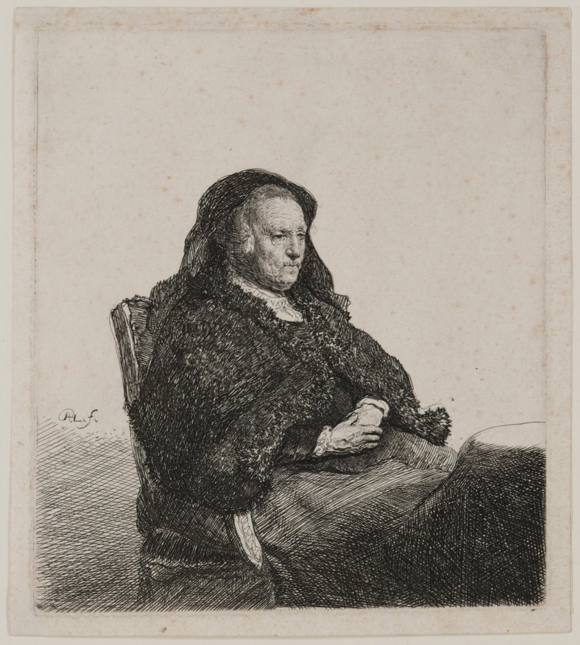 Umělcova matka sedící u stolu a dívající se doprava: Tři čtvrtiny délky od Rembrandt van Rijn