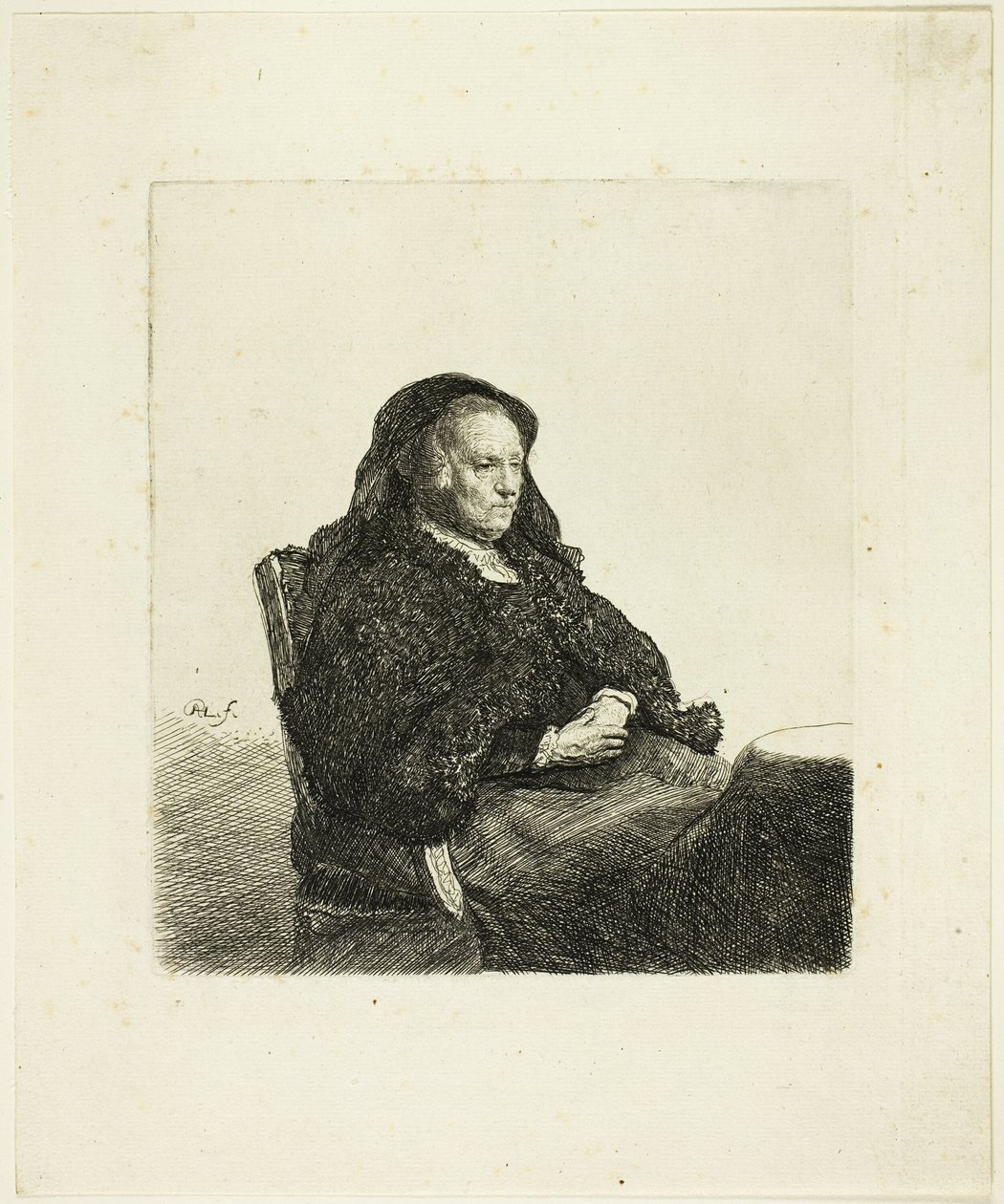 Umělcova matka sedící u stolu a dívající se doprava: Tři čtvrtiny délky od Rembrandt van Rijn