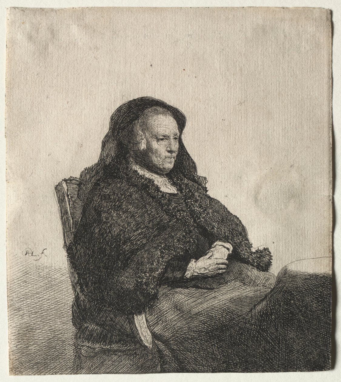 Matka umělců sedí u stolu, dívá se doprava: tři čtvrtiny délky, cca. 1631. od Rembrandt van Rijn