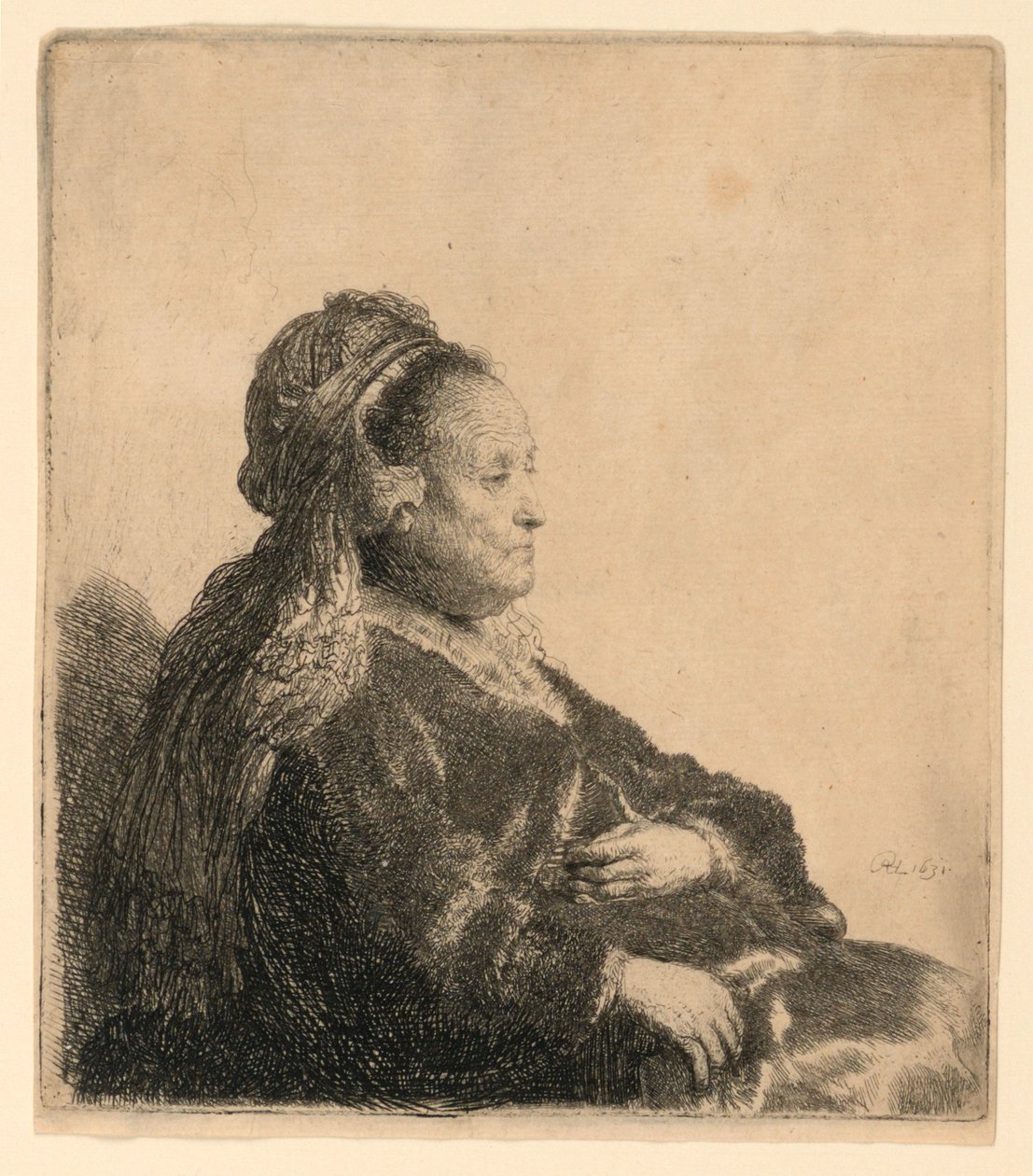 Umělcova matka sedící v orientální pokrývce hlavy: poloviční délka od Rembrandt van Rijn