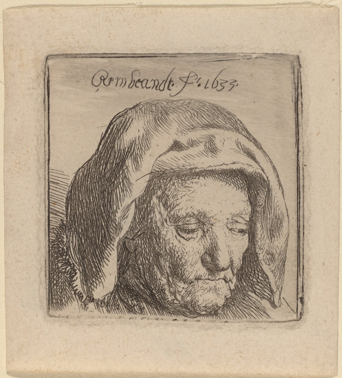 Umělcova matka v látkové čelence, dívá se dolů od Rembrandt van Rijn