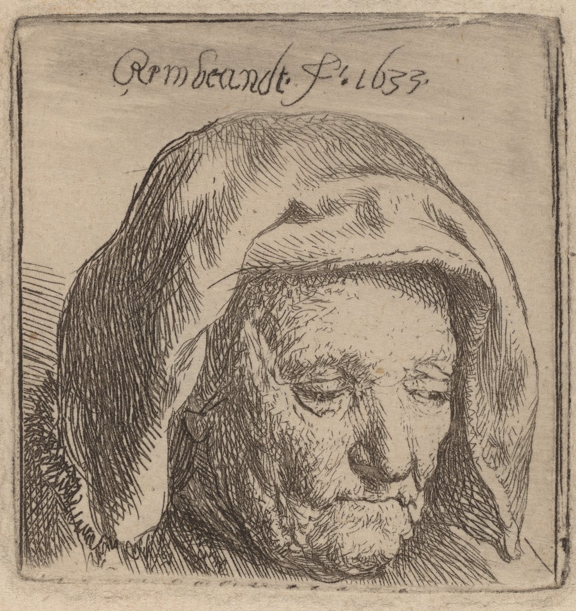 Umělcova matka v látkové čelence, dívá se dolů, 1633. od Rembrandt van Rijn