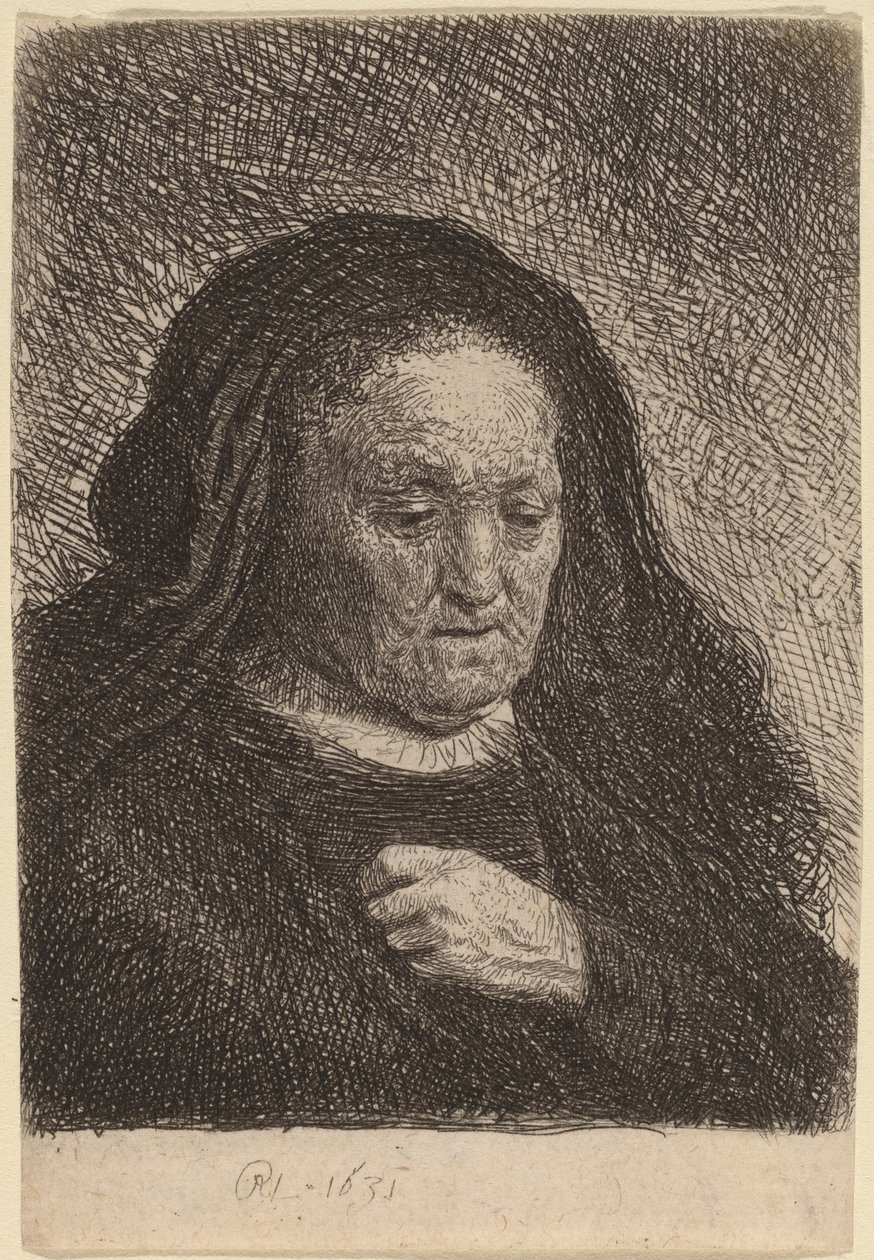 Umělcova matka s rukou na hrudi od Rembrandt van Rijn