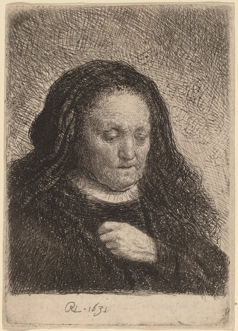 Umělcova matka s rukou na hrudi od Rembrandt van Rijn